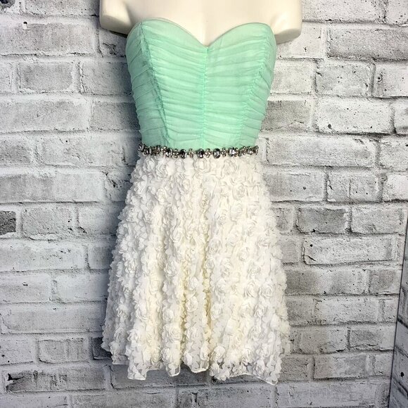 Vintage Y2k Babydoll Sheer Mint Corset Rhinestone Strapless Mini Dress - Picture 1 of 16
